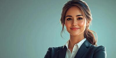 Confident businesswoman in formal attire smiles warmly against a neutral backdrop during a professional photoshoot photo