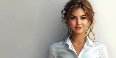 Woman with brown hair in a white shirt poses confidently against a simple background in a bright setting photo