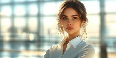 Confident young woman standing in a bright, modern indoor space during the late afternoon photo