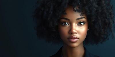 Portrait of a young woman with natural curls showcasing beauty and confidence in a studio setting photo