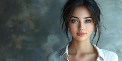 Beautiful young woman with expressive blue eyes in a soft, natural light setting photo
