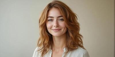 Smiling young woman with wavy red hair in a bright indoor setting during daylight hours photo