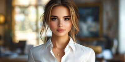 Woman with elegant style poses indoors with natural light illuminating her features in a modern space photo