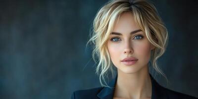 Beautiful woman with striking blue eyes and blonde hair poses confidently against a dark backdrop photo