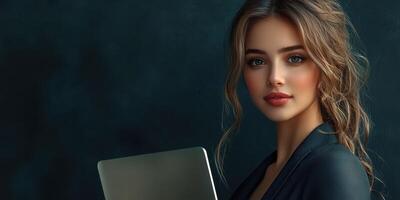 Professional young woman holding a laptop in a modern setting with a dark background photo