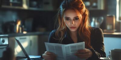 Young woman focused on reading news in a modern kitchen during morning hours photo