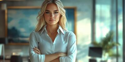 Confident young woman stands with arms crossed in a modern office setting during the day photo
