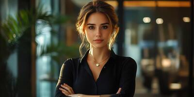 Confident young woman stands in modern office, showcasing professionalism and determination during working hours photo