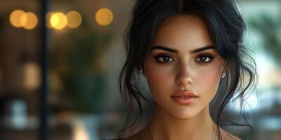 Young woman with captivating expression poses indoors amid soft lighting and blurred background photo