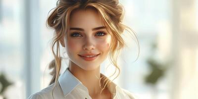 Woman with radiant smile standing in bright indoor space during morning light photo