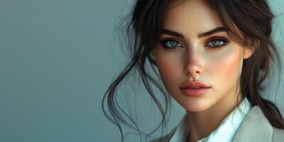 Captivating portrait of a young woman showcasing natural beauty and ethereal gaze in soft, muted tones photo