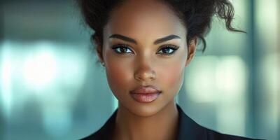 Confident young woman poses in a modern office setting showcasing her elegance and strength during daylight hours photo