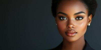 Young woman with striking features and elegant makeup poses against a dark background during a beauty shoot photo