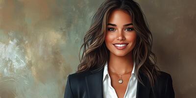 Confident young woman in formal attire showcases a bright smile against a textured background photo