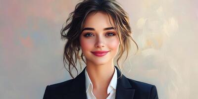 Smiling young woman in professional attire against a soft pastel background during a daytime setting photo