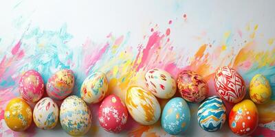 Colorful decorated eggs arranged on a vibrant background depicting a festive atmosphere for spring celebrations photo