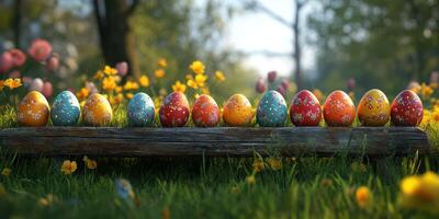 Colorful decorated eggs displayed on a wooden log in a vibrant spring meadow filled with blooming flowers photo
