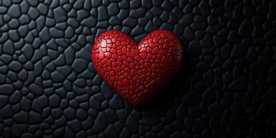 Red heart shape with textured pattern on a dark, abstract background creating an artistic composition photo