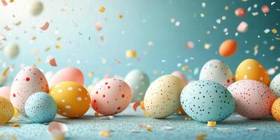 Colorful easter eggs surrounded by confetti on a soft blue background during a festive spring celebration photo