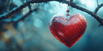 Red heart-shaped ornament hangs from a tree branch against a blurred background with raindrops and soft light photo