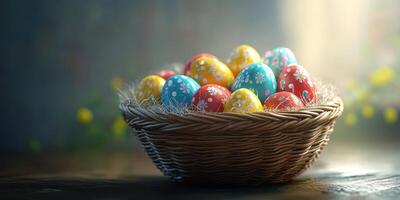 Colorful decorated Easter eggs arranged in a wicker basket on a wooden surface during springtime photo