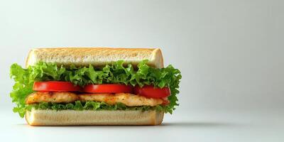 Freshly prepared sandwich with grilled chicken, tomatoes, and lettuce on a simple background photo