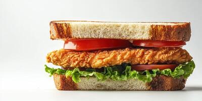 Crispy chicken sandwich with fresh tomatoes and lettuce on whole grain bread photo