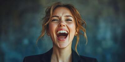 Joyful woman laughing heartily against a textured background during a bright sunny day photo