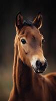 Young horse stands gracefully in a serene field during golden hour, showcasing its gentle spirit and beauty photo