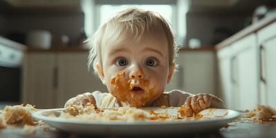 Baby enjoying a messy meal in a bright kitchen during midday photo