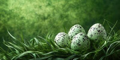 Unique speckled eggs resting in lush green grass under soft natural light at a serene outdoor location photo