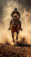 Rider gallops on horse kicking up dust during a dramatic evening at the ranch photo