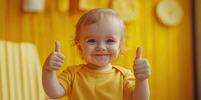 Happy child gives thumbs up in vibrant yellow room during bright afternoon playtime photo