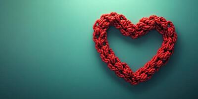 Red knitted heart against a teal background symbolizes love and creativity in home decor photo
