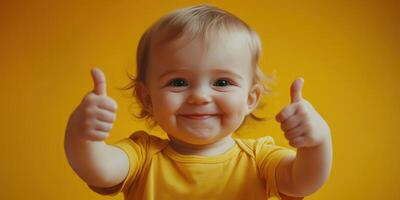 Happy baby giving thumbs up with joyful expression against a bright yellow background in a cheerful setting photo