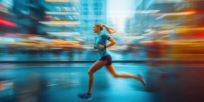 Runner moves swiftly through a vibrant city during twilight with blurred city lights surrounding her photo