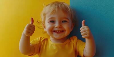 Smiling child gives thumbs up in vibrant yellow and blue setting, showcasing joy and excitement in playful atmosphere photo