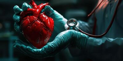 Medical professional holds realistic heart model while preparing for demonstration in surgical room under bright lights photo
