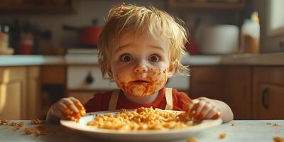 Child enjoying a messy meal in a cozy kitchen during lunchtime photo