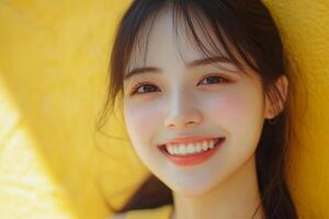 A woman smiling in front of a yellow wall photo