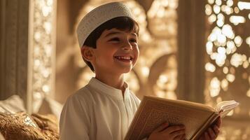 Young Boy Reading Islamic Holy Book Smiling photo