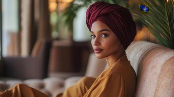 Woman in Burgundy Turban Sits Calmly on a Sofa photo