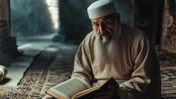 Elderly Man Reads Sacred Text in Quiet Setting photo