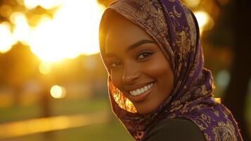 Woman wearing a patterned hijab smiling at sunset photo