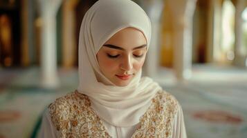 Woman in White Hijab Praying in Mosque photo