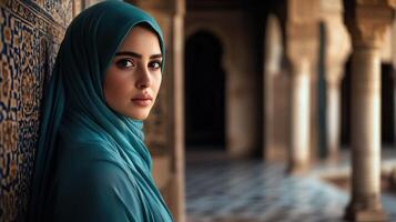 Woman Wearing Teal Hijab Stands Near Ancient Columns photo