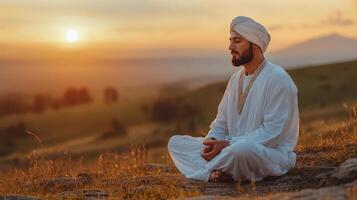 Man Meditates Peacefully At Sunset In Nature photo