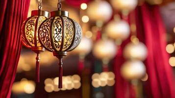 Elegant ornate lanterns hanging against a red curtain backdrop photo