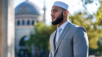 Muslim Man in Suit Near Mosque Reflecting photo