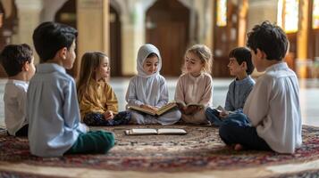 Young Muslim children studying together in a mosque photo